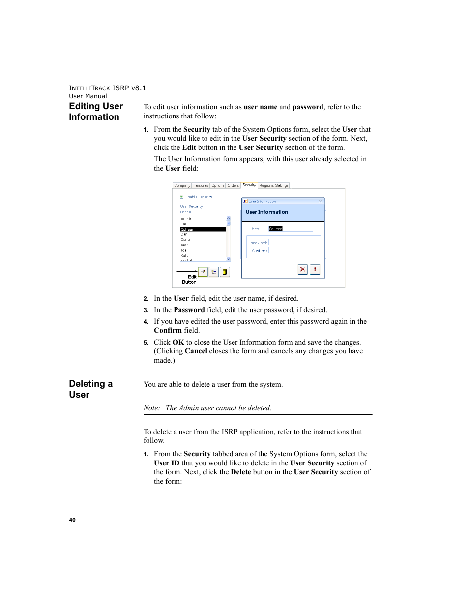 Editing user information, Deleting a user, Editing user information deleting a user | IntelliTrack Inventory Shipping Receiving Picking (ISRP) User Manual | Page 68 / 398