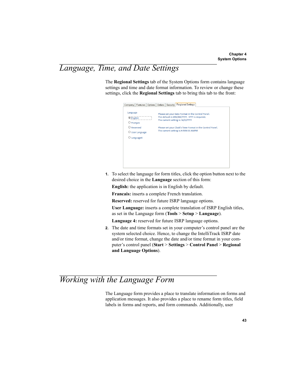 Language, time, and date settings, Working with the language form | IntelliTrack Inventory Shipping Receiving Picking (ISRP) User Manual | Page 71 / 398