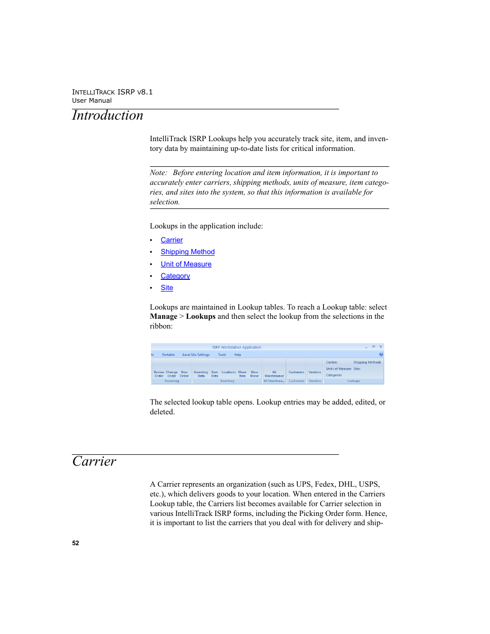 Introduction, Carrier, Introduction carrier | IntelliTrack Inventory Shipping Receiving Picking (ISRP) User Manual | Page 80 / 398