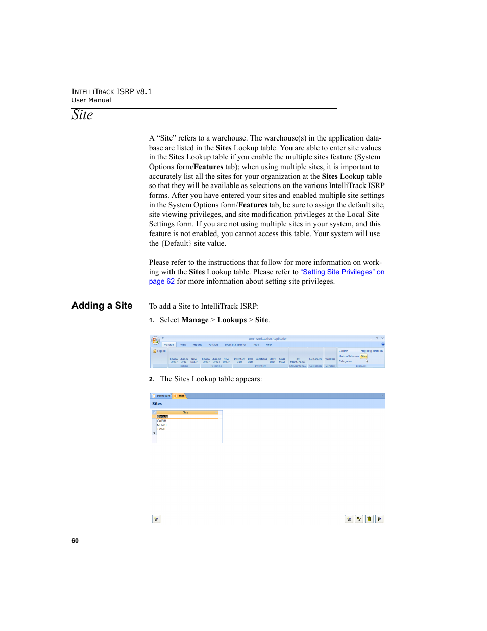 Site, Adding a site | IntelliTrack Inventory Shipping Receiving Picking (ISRP) User Manual | Page 88 / 398