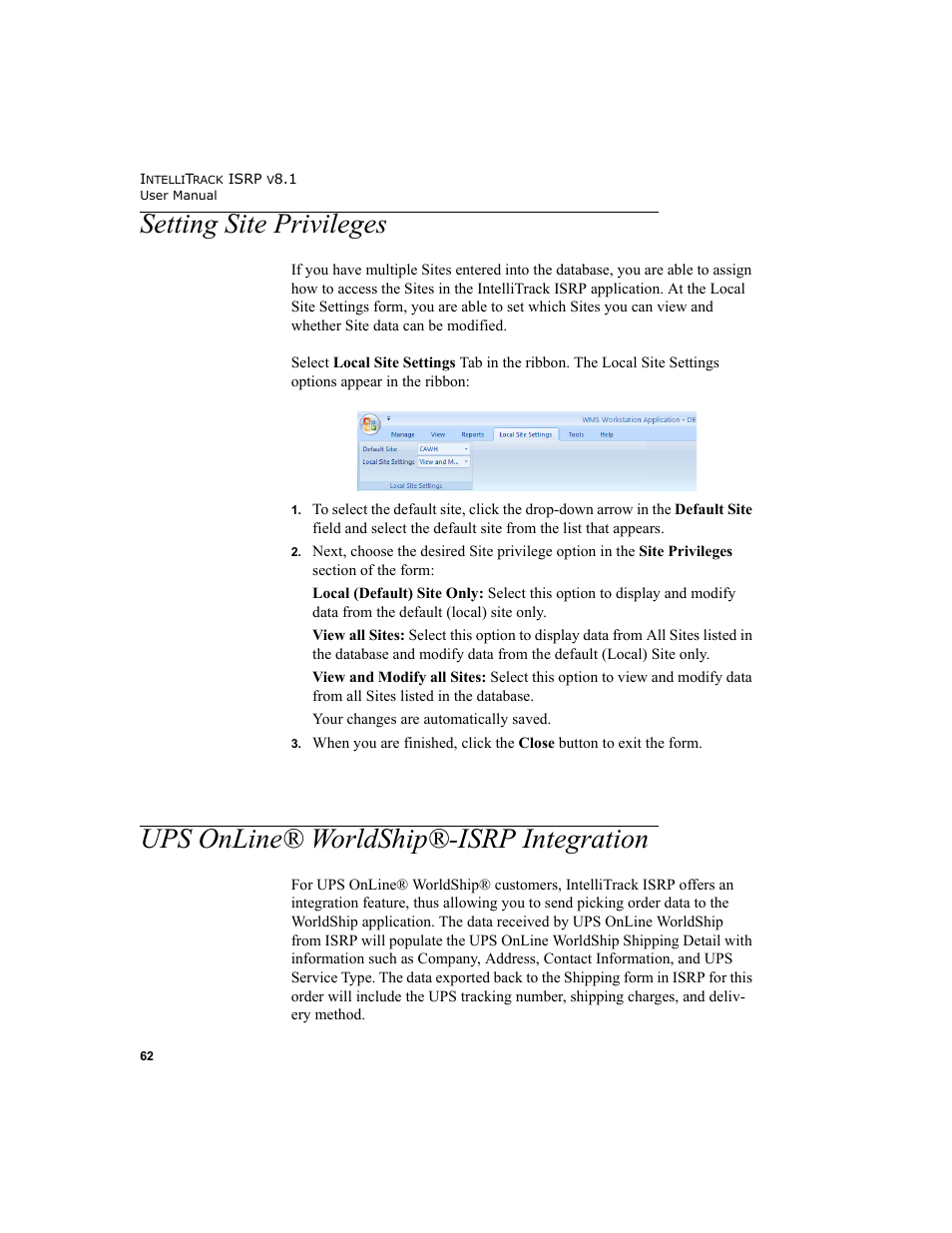Setting site privileges, Ups online® worldship®-isrp integration, Ease refer to | Setting site privileges” on | IntelliTrack Inventory Shipping Receiving Picking (ISRP) User Manual | Page 90 / 398