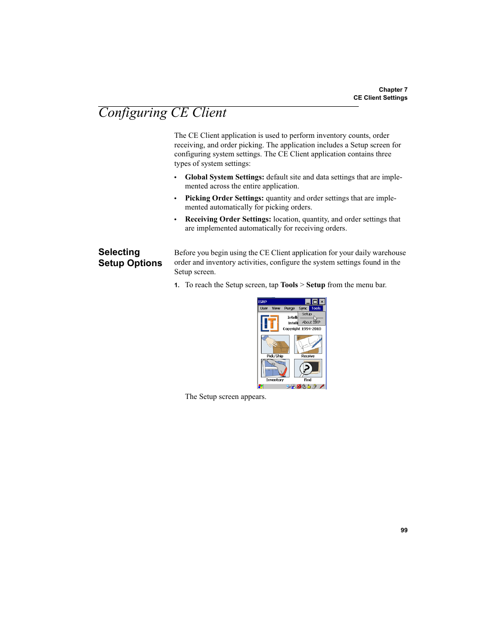 Configuring ce client, Selecting setup options | IntelliTrack Inventory Shipping Receiving Picking (ISRP) User Manual | Page 111 / 172