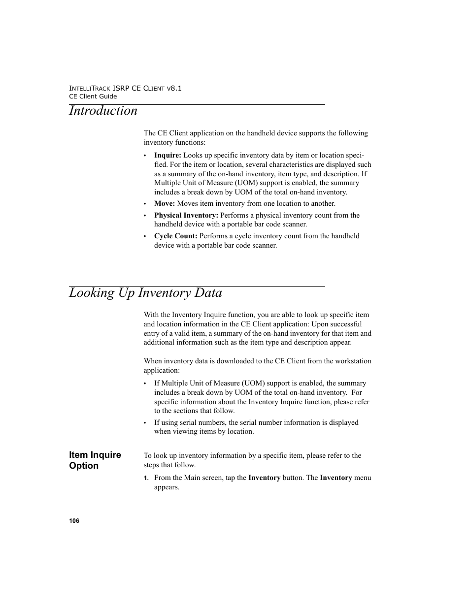 Introduction, Looking up inventory data, Item inquire option | Introduction looking up inventory data | IntelliTrack Inventory Shipping Receiving Picking (ISRP) User Manual | Page 118 / 172