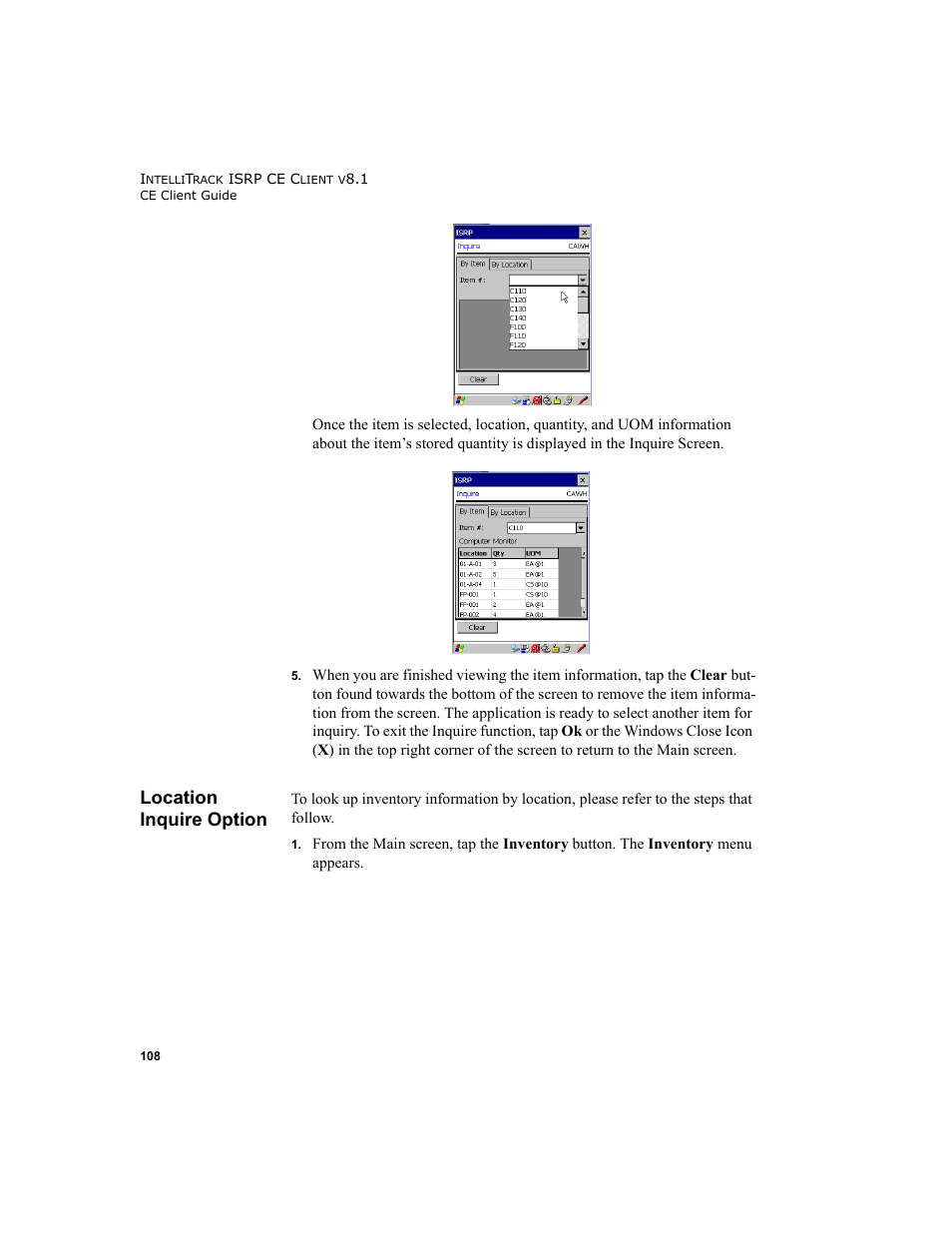 Location inquire option | IntelliTrack Inventory Shipping Receiving Picking (ISRP) User Manual | Page 120 / 172