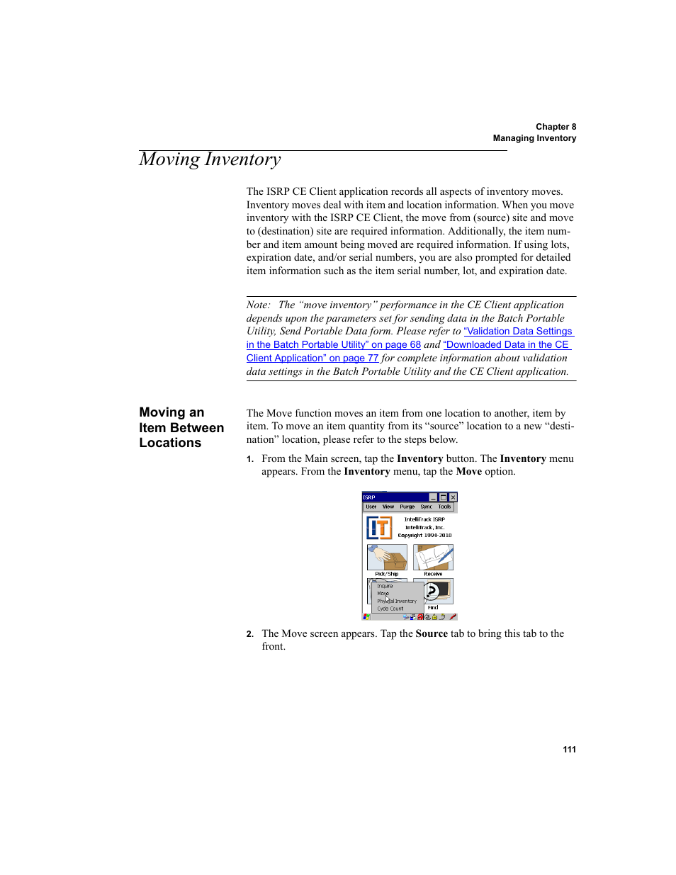 Moving inventory, Moving an item between locations | IntelliTrack Inventory Shipping Receiving Picking (ISRP) User Manual | Page 123 / 172
