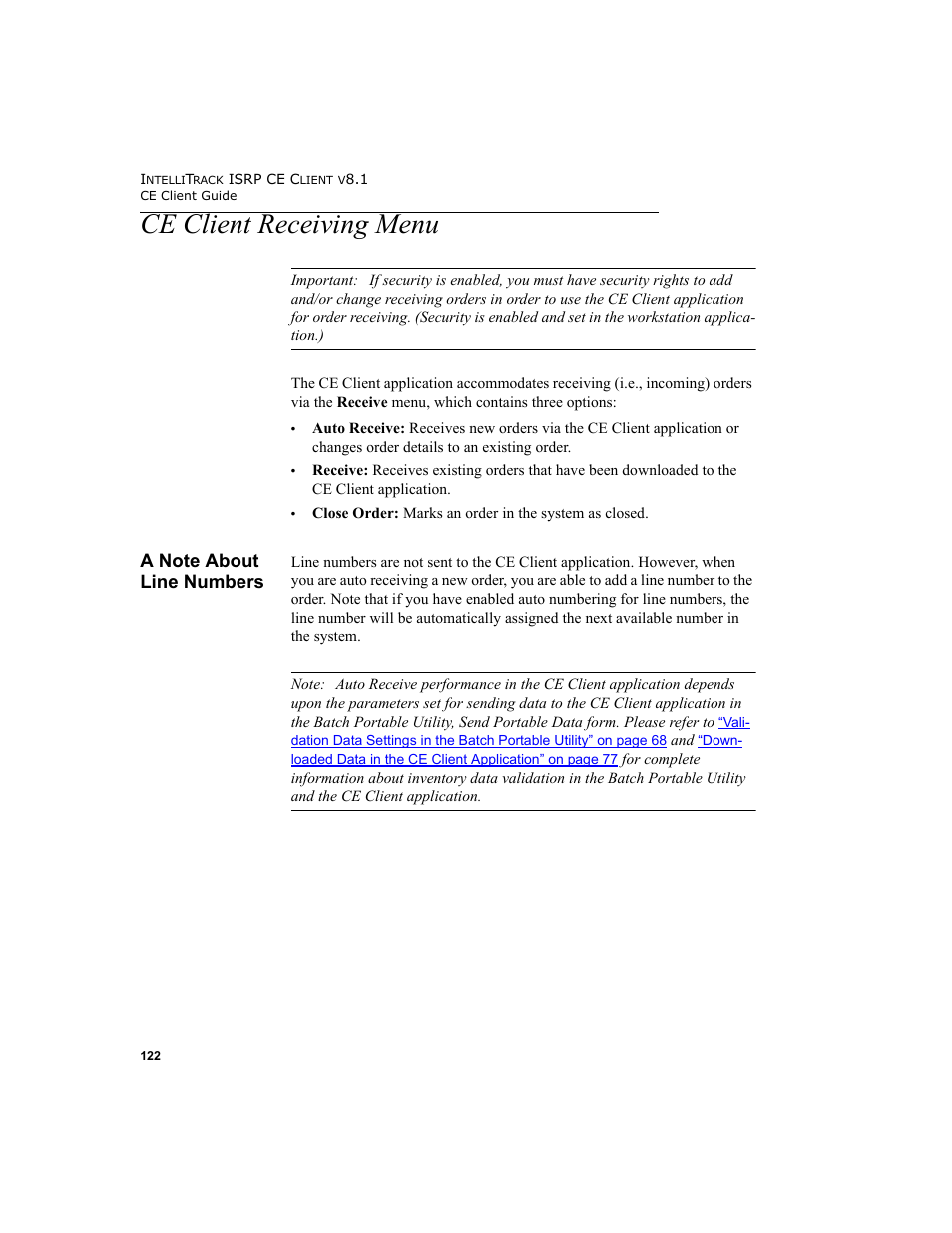 Ce client receiving menu, A note about line numbers | IntelliTrack Inventory Shipping Receiving Picking (ISRP) User Manual | Page 134 / 172