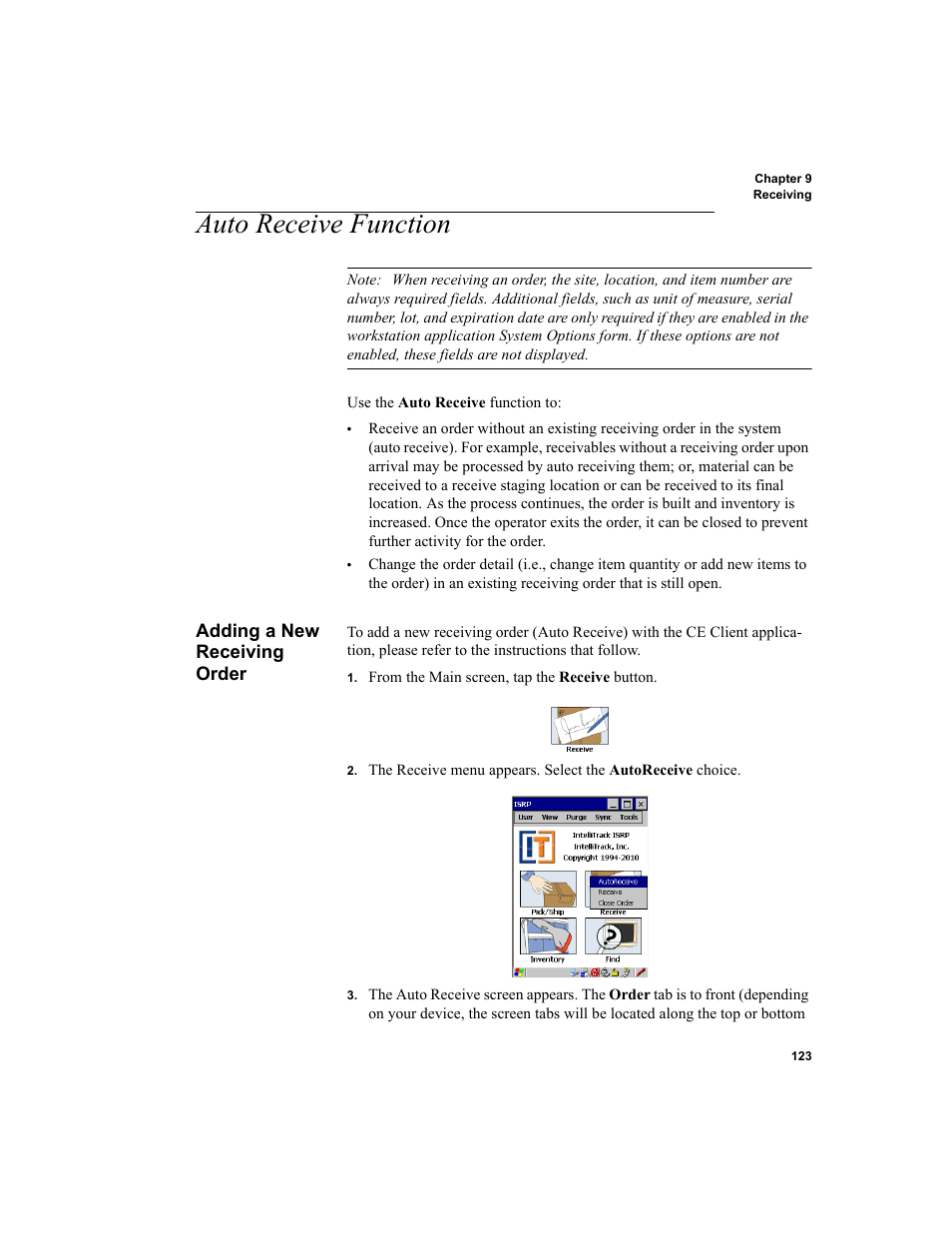 Auto receive function, Adding a new receiving order | IntelliTrack Inventory Shipping Receiving Picking (ISRP) User Manual | Page 135 / 172