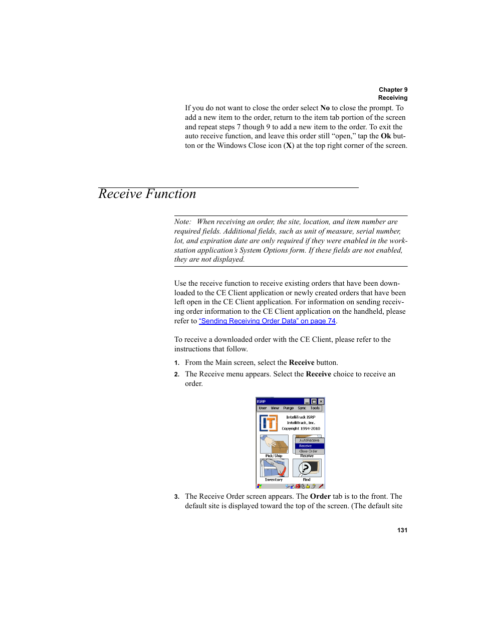 Receive function | IntelliTrack Inventory Shipping Receiving Picking (ISRP) User Manual | Page 143 / 172