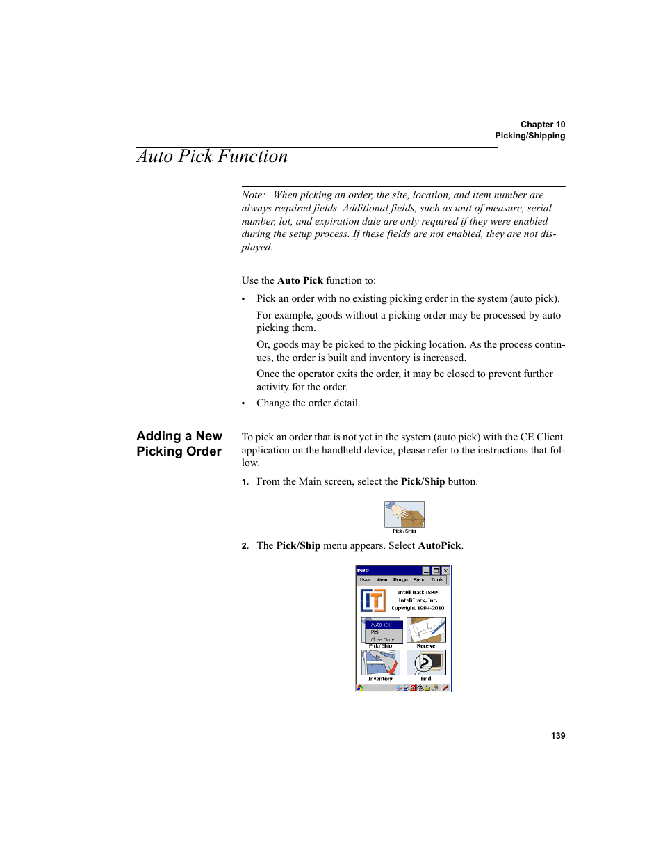 Auto pick function, Adding a new picking order | IntelliTrack Inventory Shipping Receiving Picking (ISRP) User Manual | Page 151 / 172