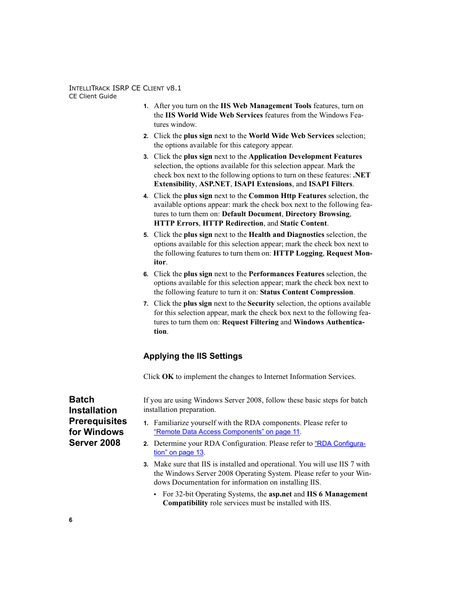 Applying the iis settings, Batch installation prerequisites for windows | IntelliTrack Inventory Shipping Receiving Picking (ISRP) User Manual | Page 18 / 172