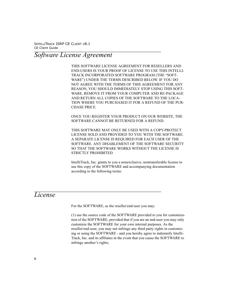 Software license agreement, License | IntelliTrack Inventory Shipping Receiving Picking (ISRP) User Manual | Page 2 / 172