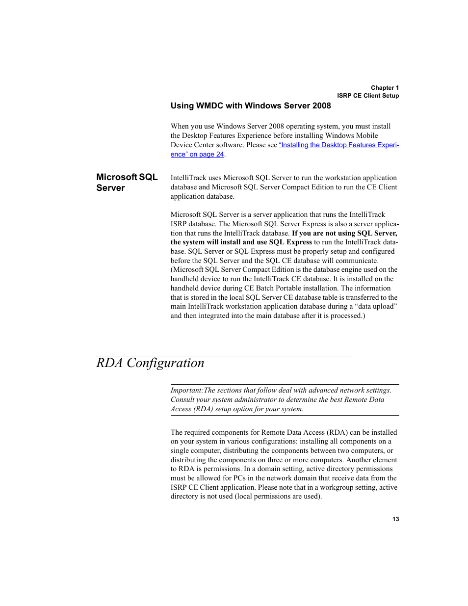 Microsoft sql server, Rda configuration, Using wmdc with windows server 2008 | Please refer to, Rda configuration” on, Rda configura | IntelliTrack Inventory Shipping Receiving Picking (ISRP) User Manual | Page 25 / 172