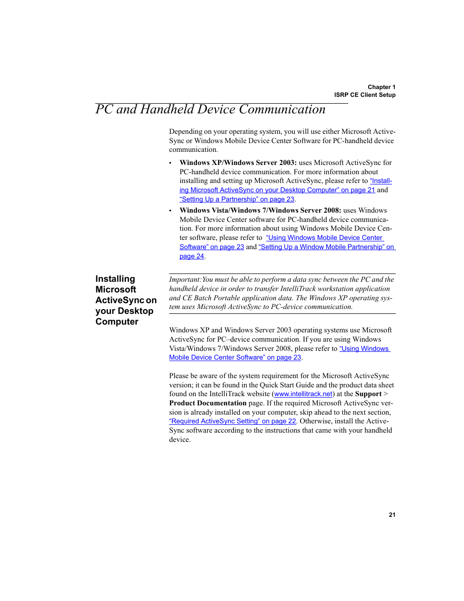 Pc and handheld device communication, Installing microsoft activesync on your desktop, Installing | IntelliTrack Inventory Shipping Receiving Picking (ISRP) User Manual | Page 33 / 172