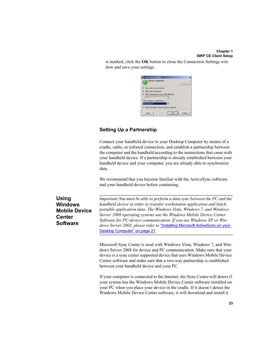 Using windows mobile device center software, Setting up a partnership, Please refer to | Using windows mobile device center, Refer to, R to, Using windows | IntelliTrack Inventory Shipping Receiving Picking (ISRP) User Manual | Page 35 / 172