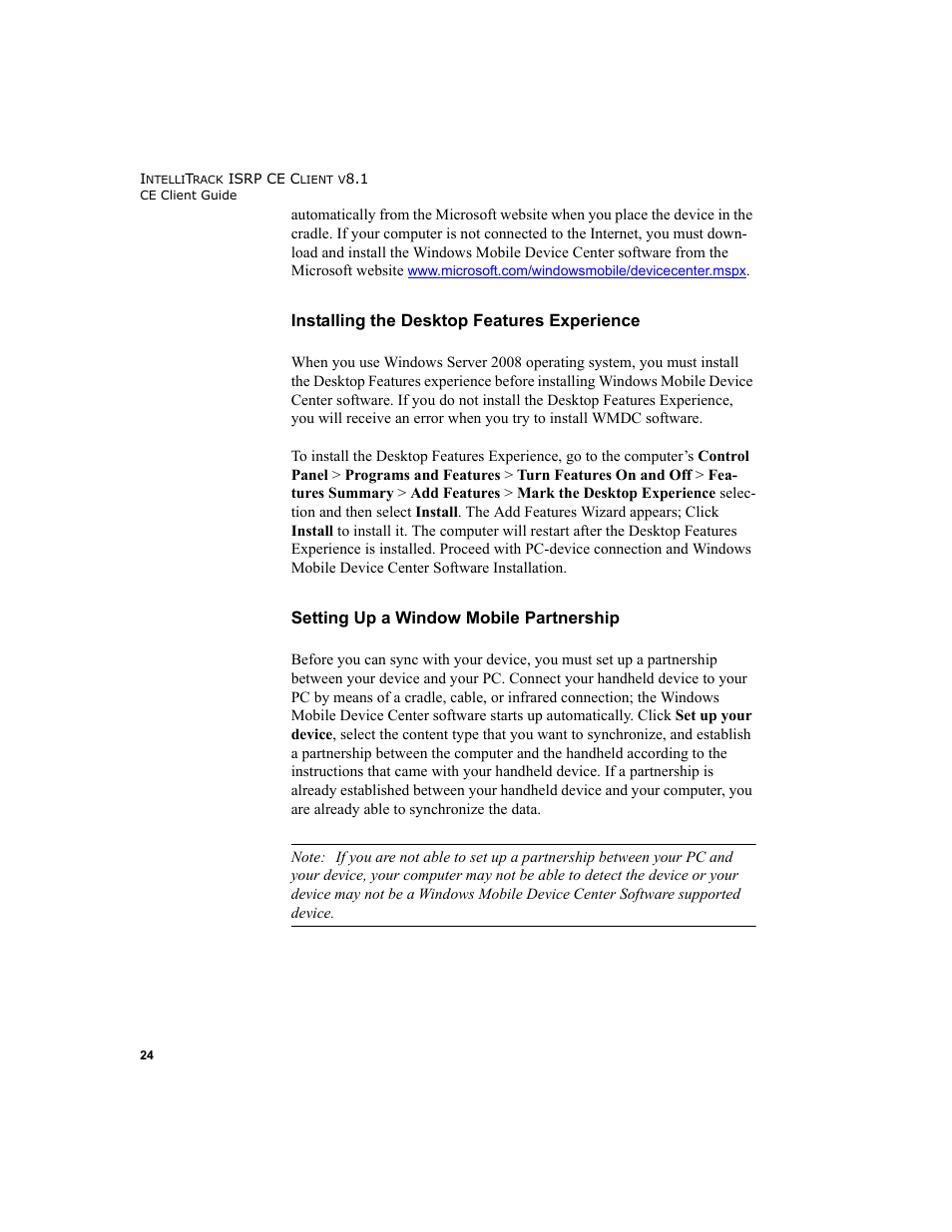 Setting up a window mobile partnership” on, Ease see, Installing the desktop | IntelliTrack Inventory Shipping Receiving Picking (ISRP) User Manual | Page 36 / 172