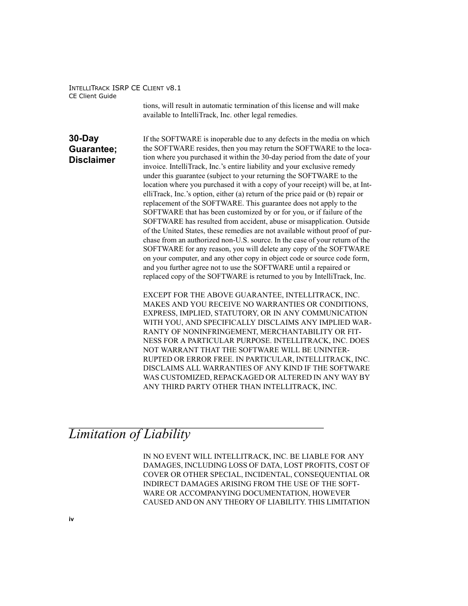 Day guarantee; disclaimer, Limitation of liability | IntelliTrack Inventory Shipping Receiving Picking (ISRP) User Manual | Page 4 / 172