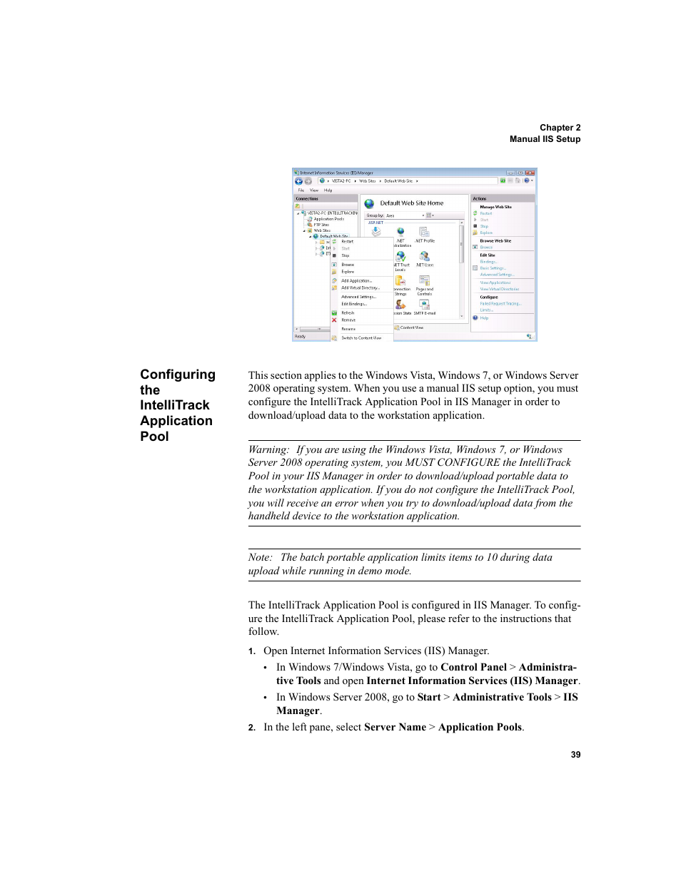 Configuring the intellitrack application pool, Configuring the intellitrack applica | IntelliTrack Inventory Shipping Receiving Picking (ISRP) User Manual | Page 51 / 172