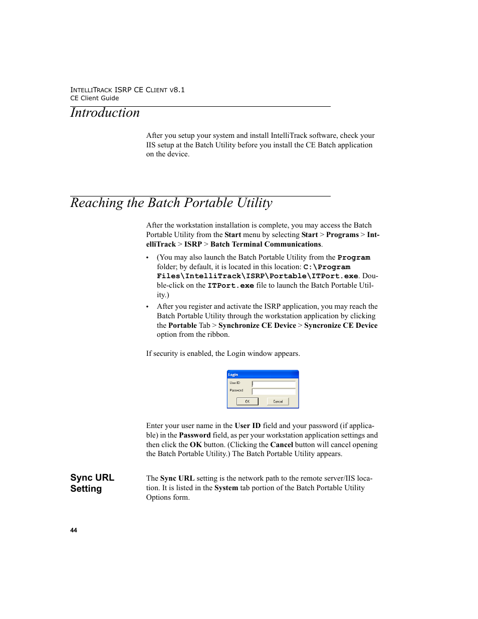 Introduction, Reaching the batch portable utility, Sync url setting | Introduction reaching the batch portable utility, Sync url setting” on, Sync url | IntelliTrack Inventory Shipping Receiving Picking (ISRP) User Manual | Page 56 / 172