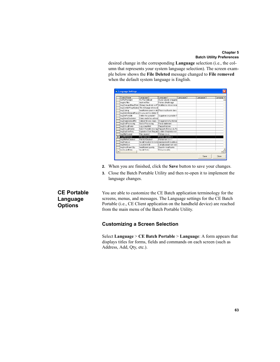 Ce portable language options, Customizing a screen selection | IntelliTrack Inventory Shipping Receiving Picking (ISRP) User Manual | Page 75 / 172