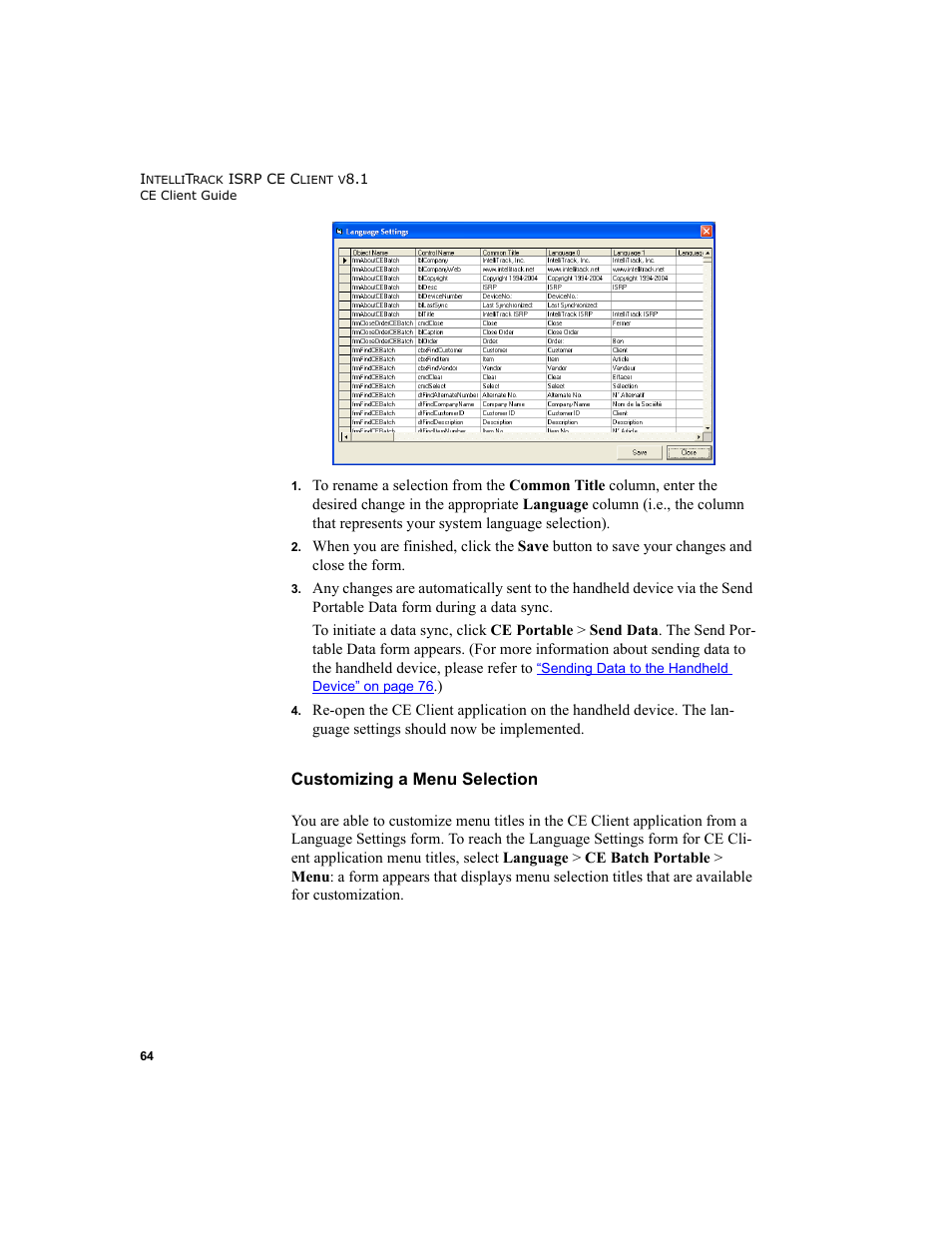 Customizing a menu selection | IntelliTrack Inventory Shipping Receiving Picking (ISRP) User Manual | Page 76 / 172