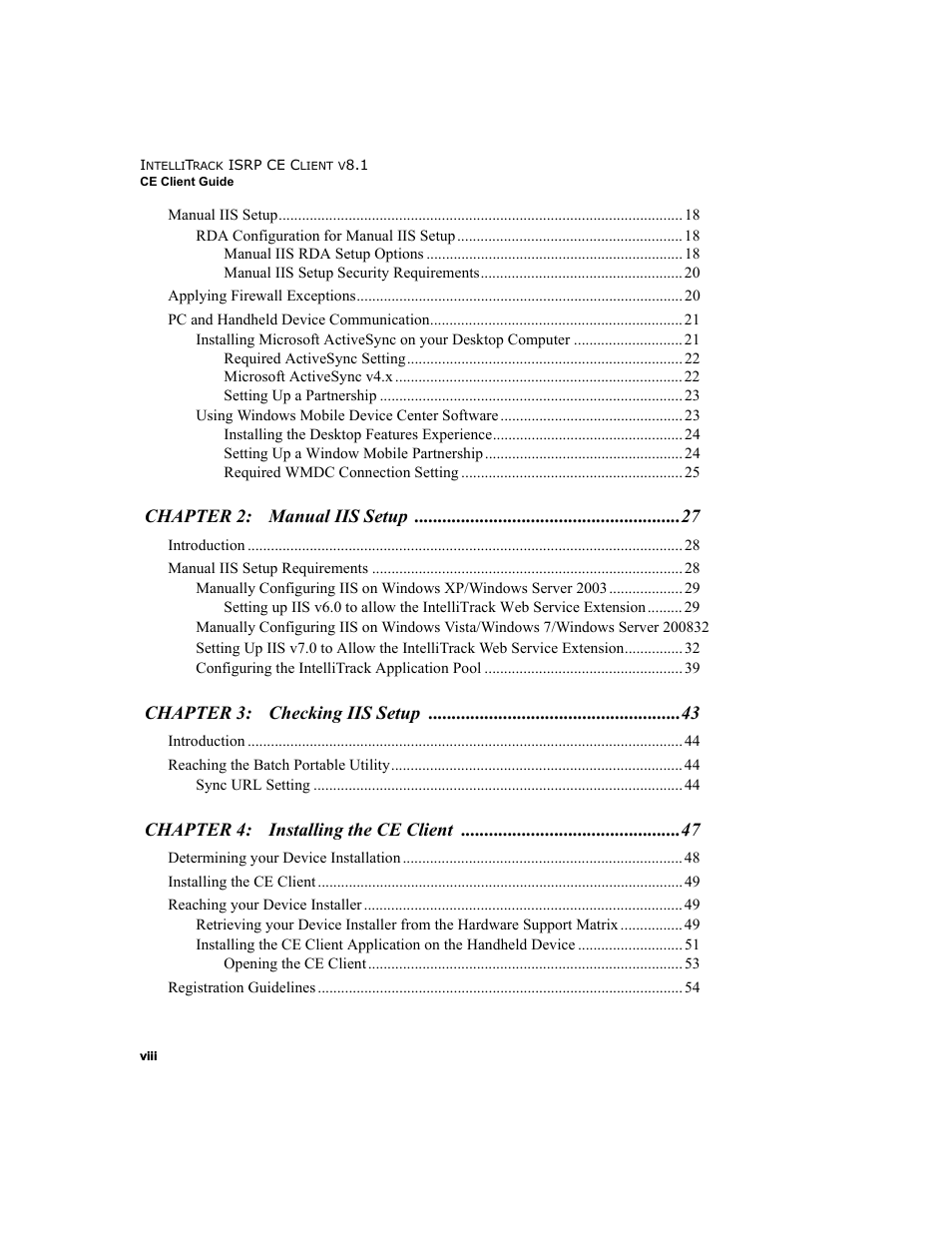 Chapter 2: manual iis setup, Chapter 3: checking iis setup, Chapter 4: installing the ce client | IntelliTrack Inventory Shipping Receiving Picking (ISRP) User Manual | Page 8 / 172