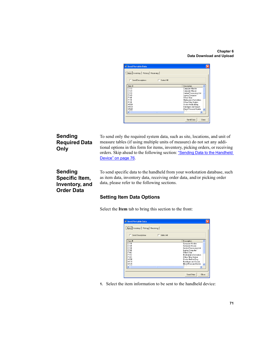 Sending required data only, Sending specific item, inventory, and order data, Setting item data options | IntelliTrack Inventory Shipping Receiving Picking (ISRP) User Manual | Page 83 / 172