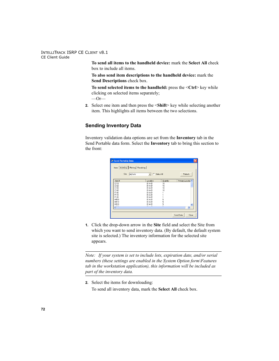 Sending inventory data | IntelliTrack Inventory Shipping Receiving Picking (ISRP) User Manual | Page 84 / 172