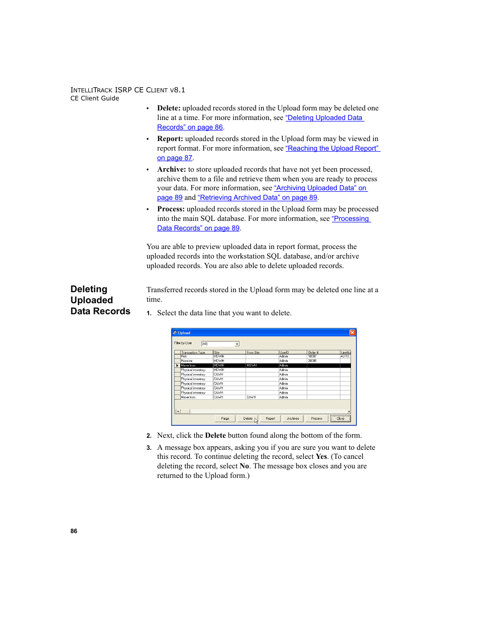 Deleting uploaded data records | IntelliTrack Inventory Shipping Receiving Picking (ISRP) User Manual | Page 98 / 172