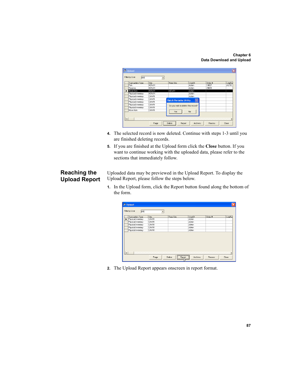 Reaching the upload report | IntelliTrack Inventory Shipping Receiving Picking (ISRP) User Manual | Page 99 / 172