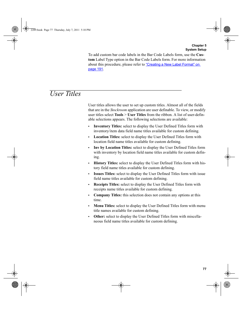 User titles | IntelliTrack Stockroom Inventory User Manual | Page 105 / 424