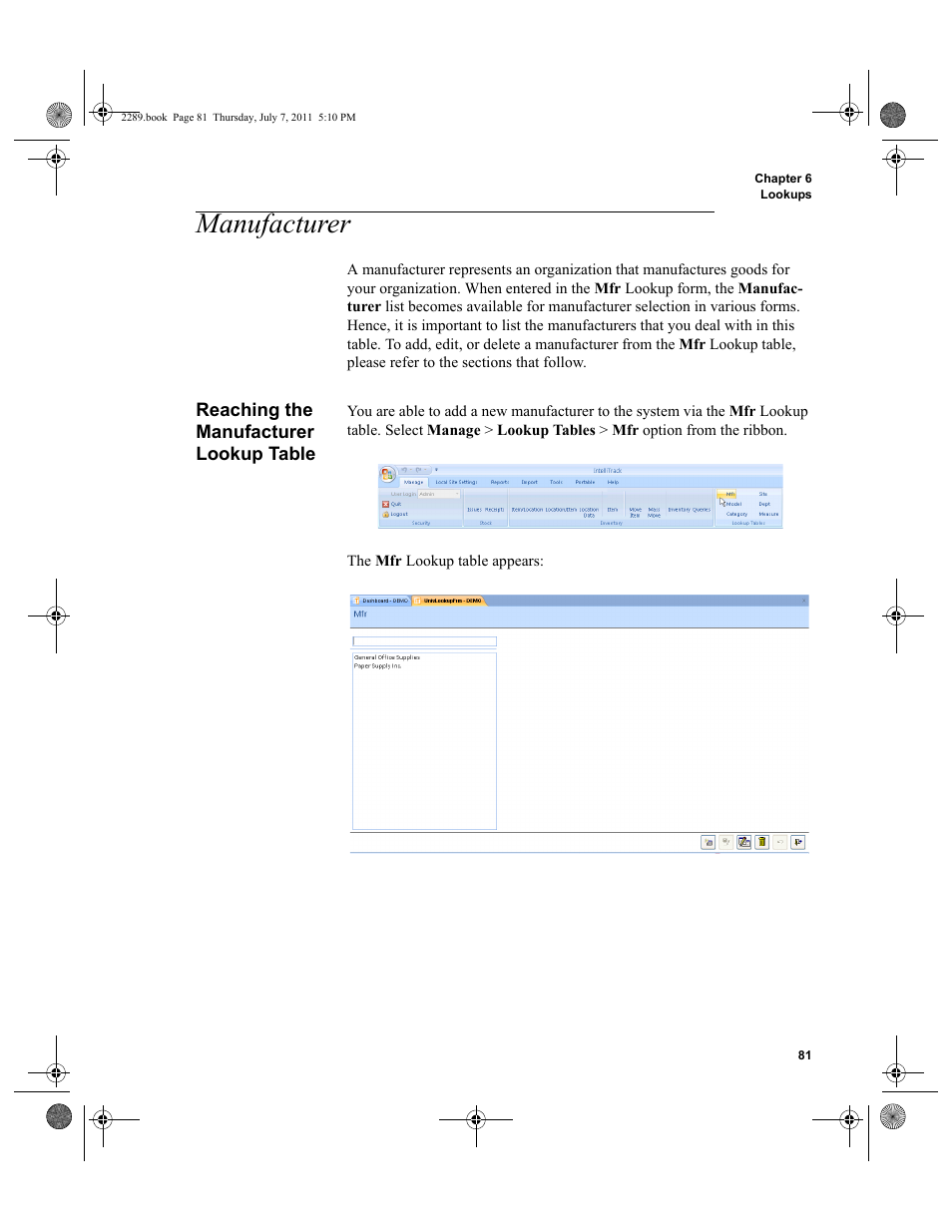 Manufacturer, Reaching the manufacturer lookup table | IntelliTrack Stockroom Inventory User Manual | Page 109 / 424