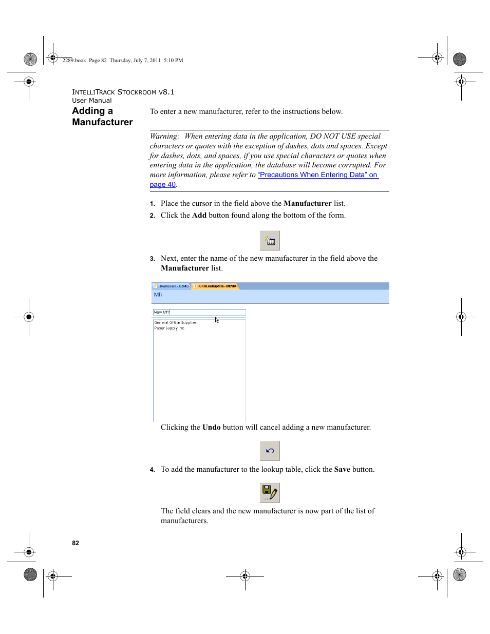 Adding a manufacturer | IntelliTrack Stockroom Inventory User Manual | Page 110 / 424