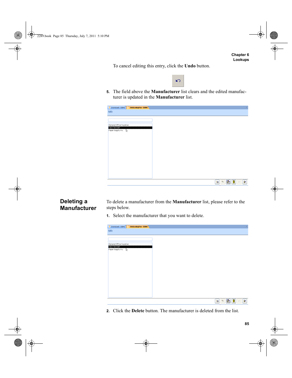 Deleting a manufacturer | IntelliTrack Stockroom Inventory User Manual | Page 113 / 424
