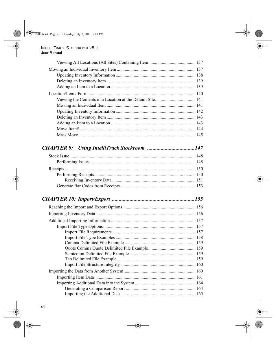 Chapter 9: using intellitrack stockroom, Chapter 10: import/export | IntelliTrack Stockroom Inventory User Manual | Page 12 / 424