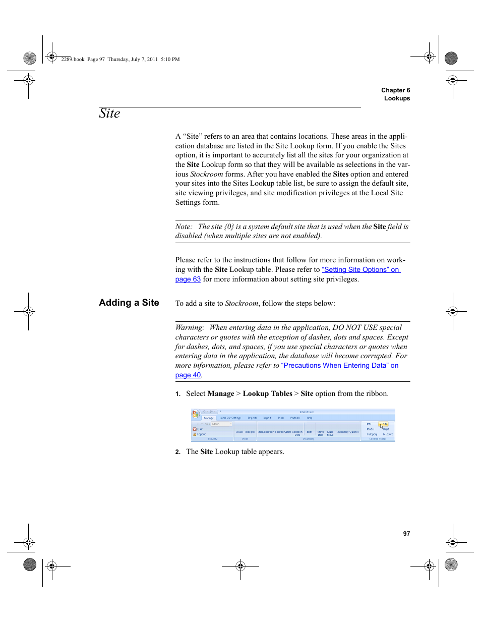 Site, Adding a site | IntelliTrack Stockroom Inventory User Manual | Page 125 / 424