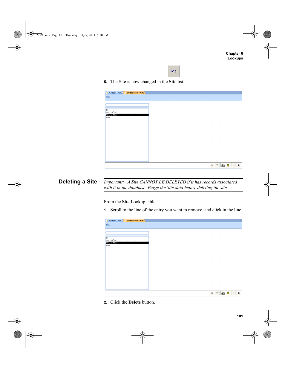 Deleting a site | IntelliTrack Stockroom Inventory User Manual | Page 129 / 424