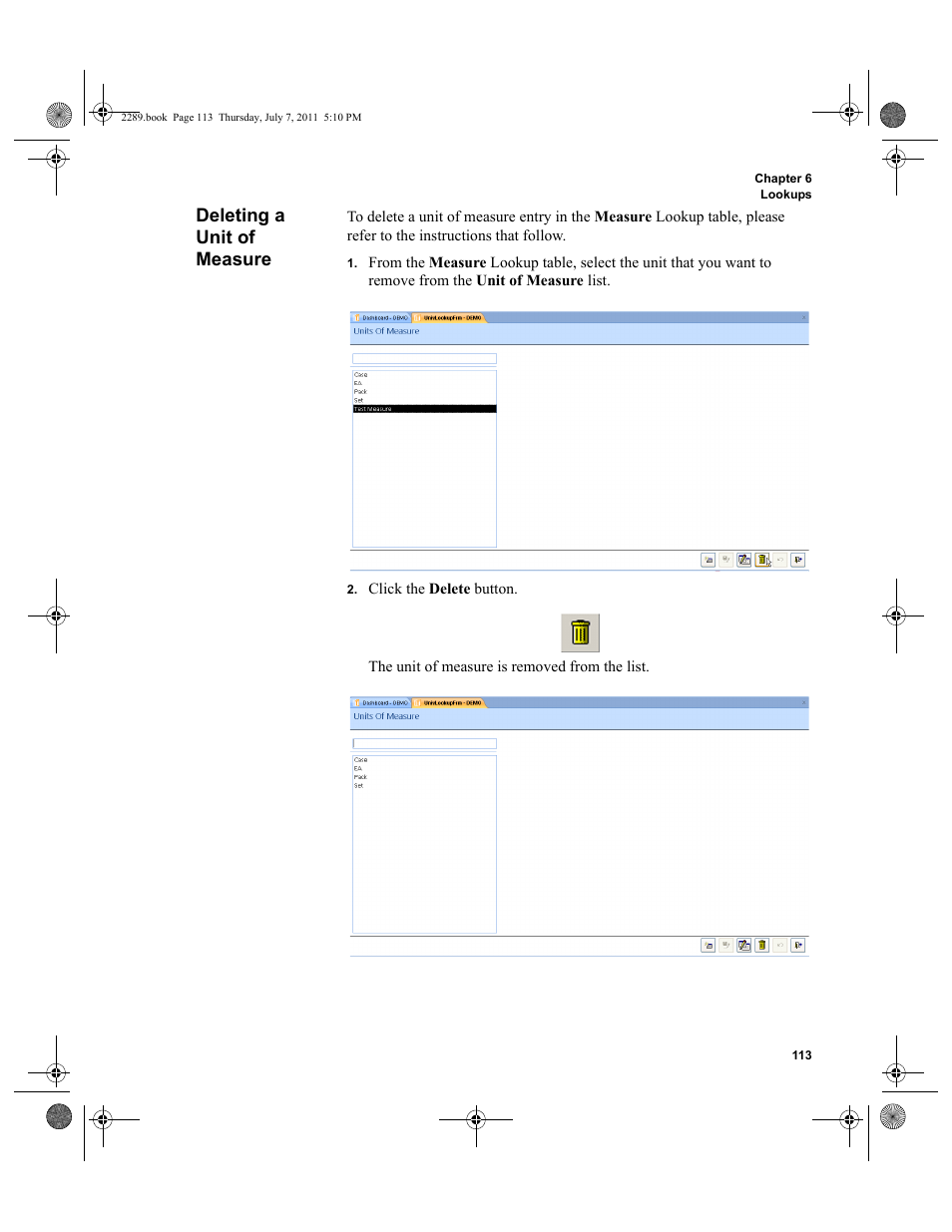 Deleting a unit of measure | IntelliTrack Stockroom Inventory User Manual | Page 141 / 424