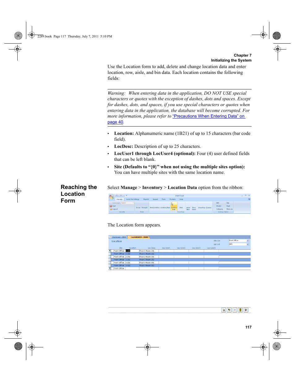 Reaching the location form | IntelliTrack Stockroom Inventory User Manual | Page 145 / 424