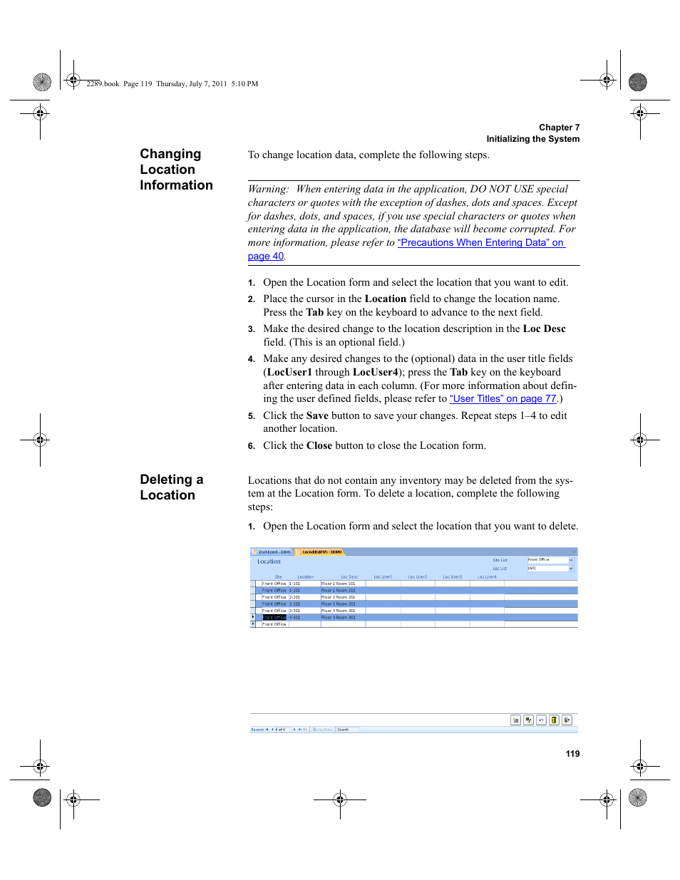 Changing location information, Deleting a location, Changing location information deleting a location | IntelliTrack Stockroom Inventory User Manual | Page 147 / 424