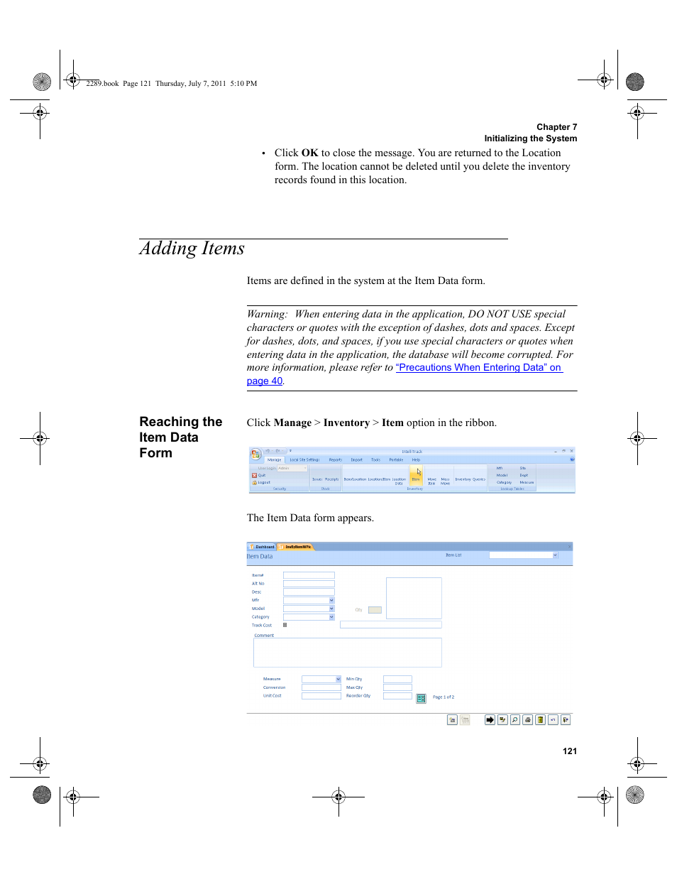 Adding items, Reaching the item data form | IntelliTrack Stockroom Inventory User Manual | Page 149 / 424