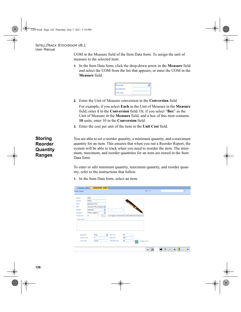 Storing reorder quantity ranges | IntelliTrack Stockroom Inventory User Manual | Page 154 / 424