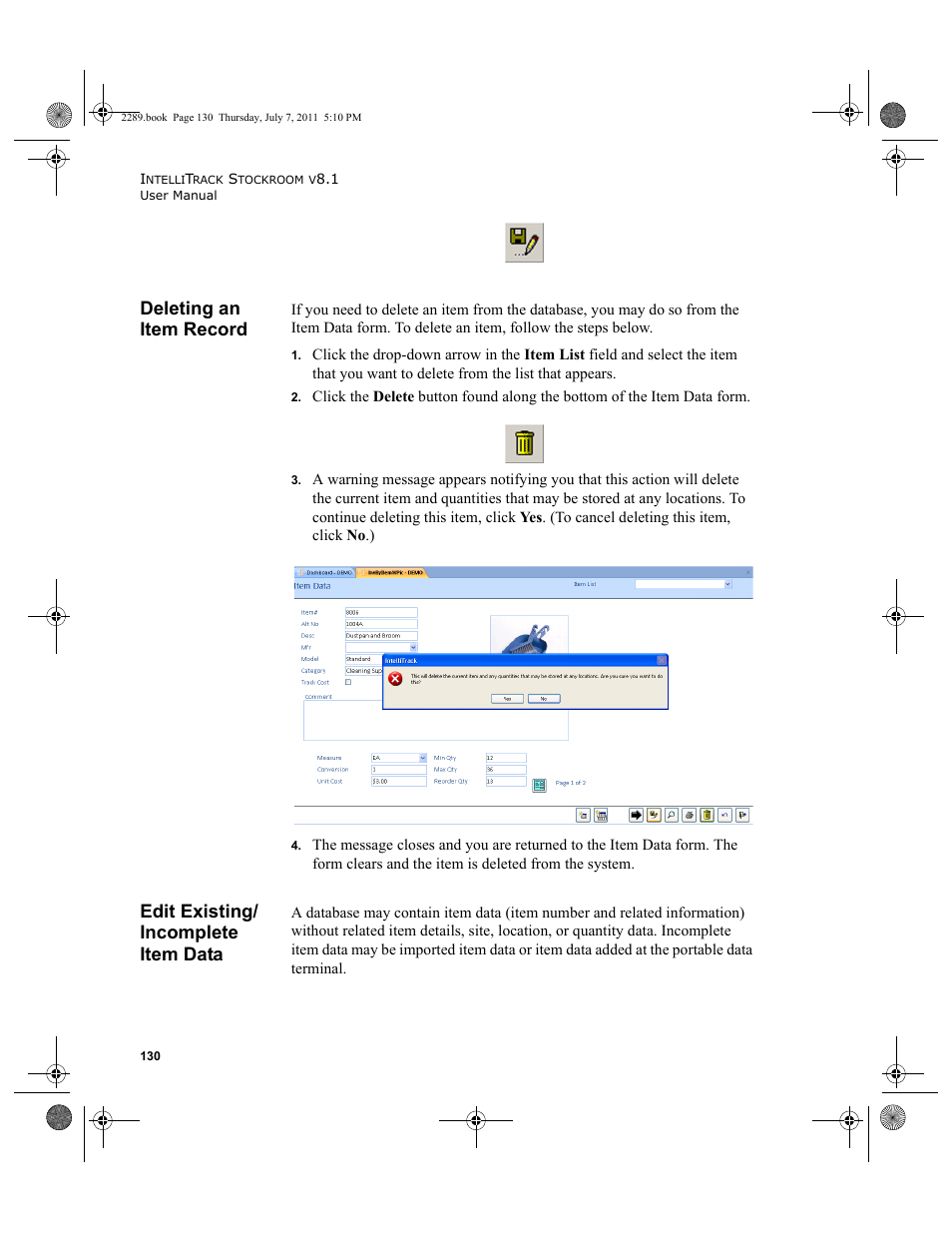 Deleting an item record, Edit existing/ incomplete item data, Edit existing/incomplete item data | IntelliTrack Stockroom Inventory User Manual | Page 158 / 424