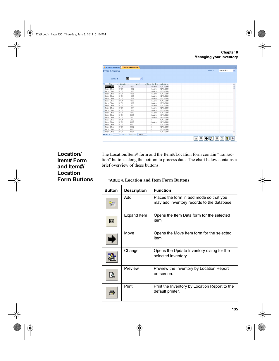 Location/item# form and item#/location form, Buttons | IntelliTrack Stockroom Inventory User Manual | Page 163 / 424