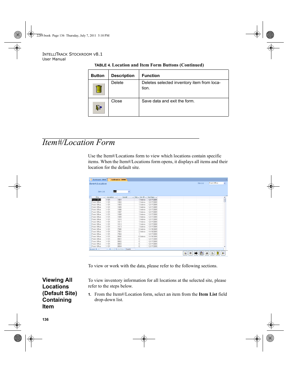Item#/location form | IntelliTrack Stockroom Inventory User Manual | Page 164 / 424