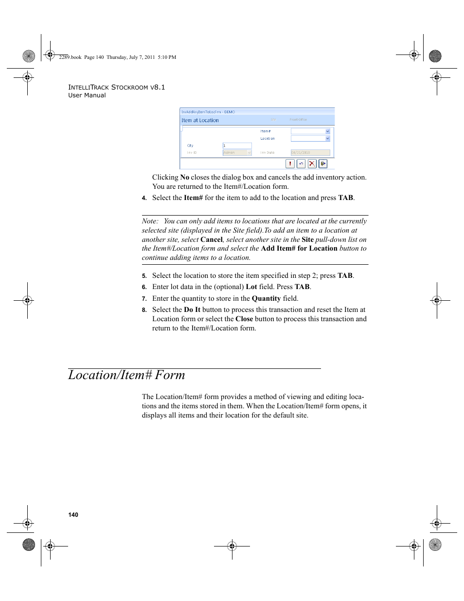 Location/item# form | IntelliTrack Stockroom Inventory User Manual | Page 168 / 424