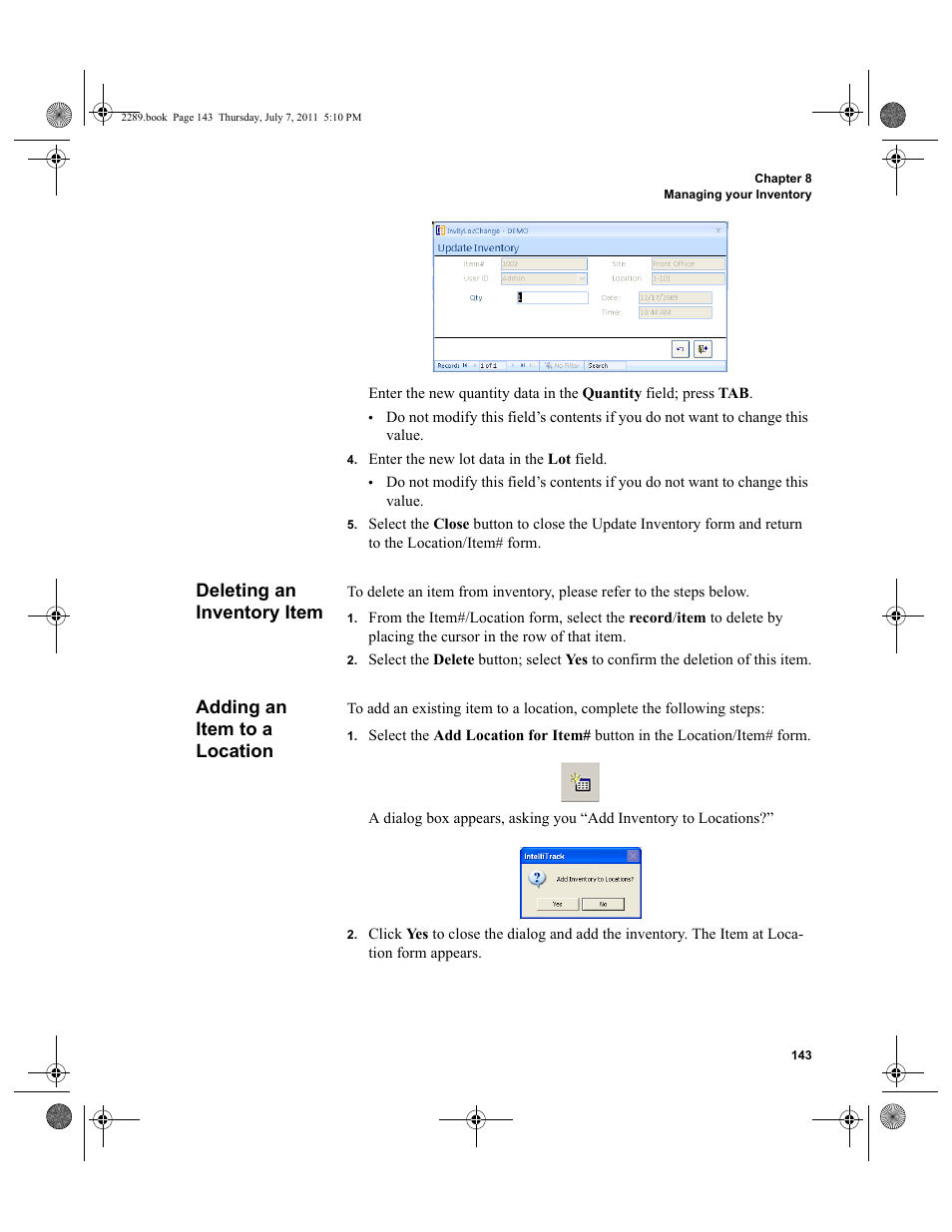 Deleting an inventory item, Adding an item to a location | IntelliTrack Stockroom Inventory User Manual | Page 171 / 424