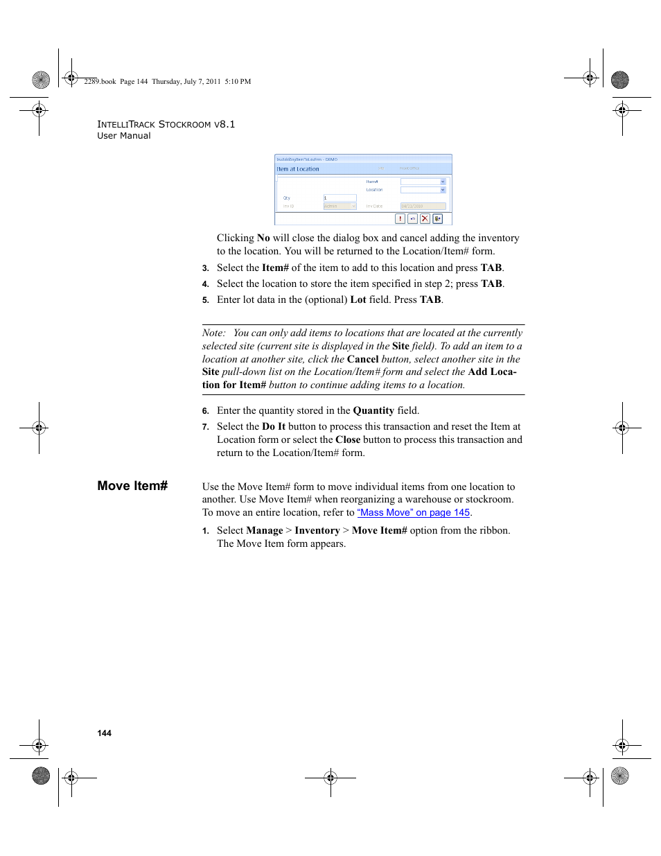 Move item | IntelliTrack Stockroom Inventory User Manual | Page 172 / 424