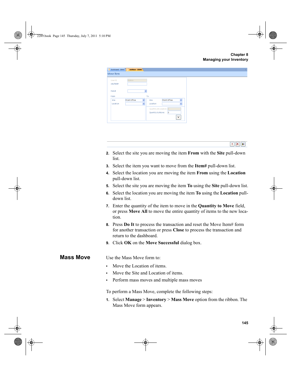 Mass move | IntelliTrack Stockroom Inventory User Manual | Page 173 / 424