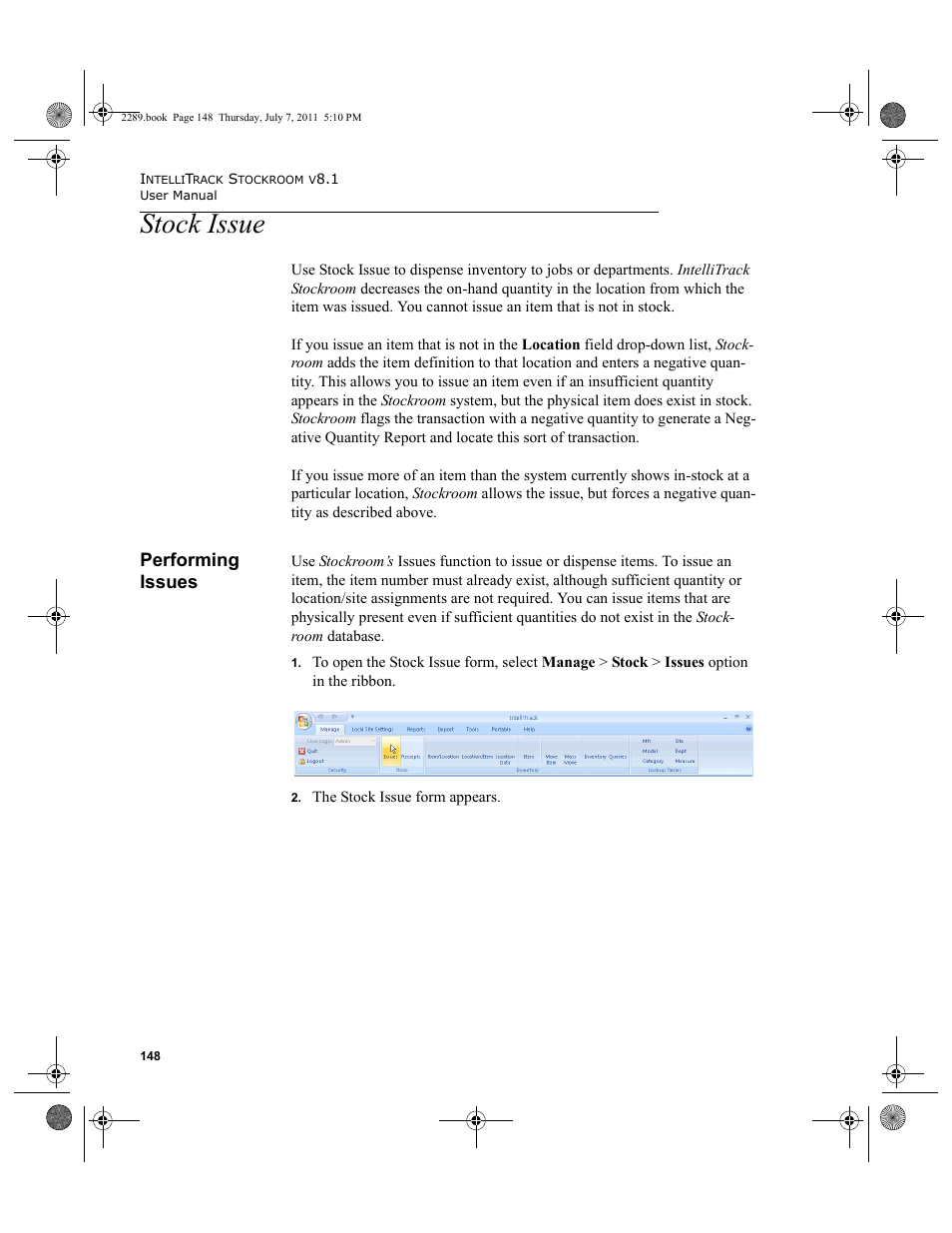 Stock issue, Performing issues | IntelliTrack Stockroom Inventory User Manual | Page 176 / 424