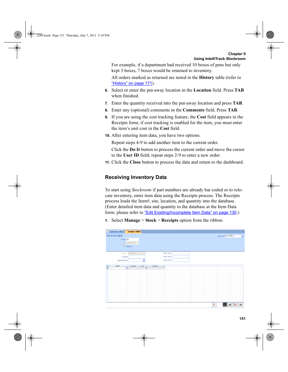 Receiving inventory data | IntelliTrack Stockroom Inventory User Manual | Page 179 / 424